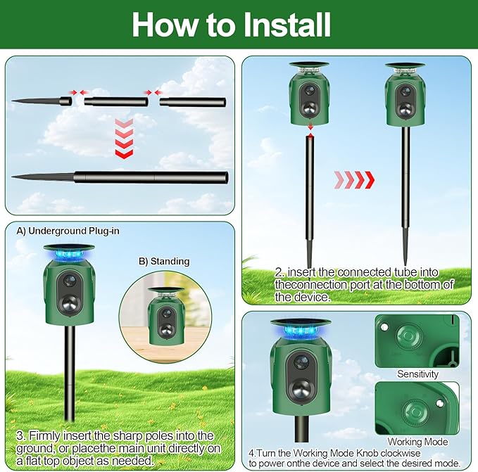 360° Solar Animal Repellent,Ultrasonic Cat Repellent Outdoor,Solar Animal Repeller with Motion Sensor,Waterproof Rabbit Repeller with Flashing Light Defender Dog Squirrel Deer Birds for Yard Orchard