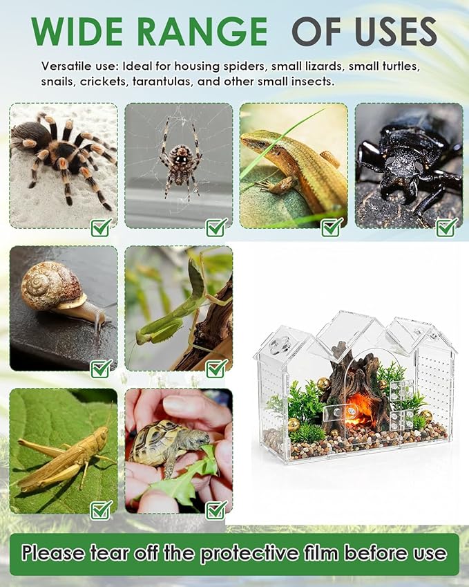 Jumping Spider Enclosure with Magnetic Front Door & Ventilation - 9.5"x3.9"x6.7" Acrylic Terrarium Habitat for Tarantulas, Mantis, Geckos & Reptiles