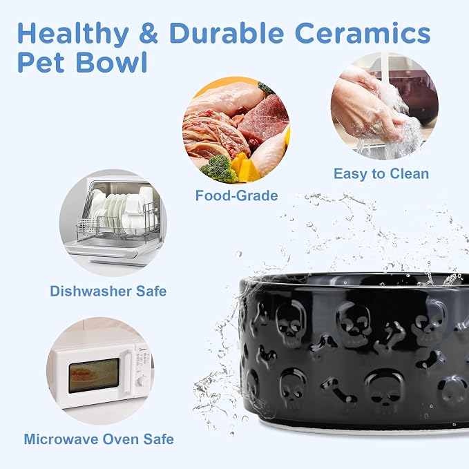 SPUNKYJUNKY Elevated Dog Bowls Ceramic, 7.3'' Dogs Food Water Bowls Raised with Non-Slip Bamboo Stand for Medium to Large Sized Breed Microwave Dishwasher Safe - 42 OZ,Skull Black