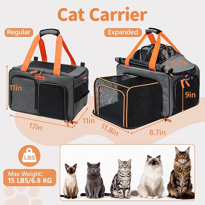 Soft Sided Cat Pet Dog Carrier, Large Airline Approved Travel Bag | Top Loading Breathable Mesh, Foldable Expandable Design, Fits Kittens & Puppies Up to 15 Lbs, Comfy for Transport Scenarios