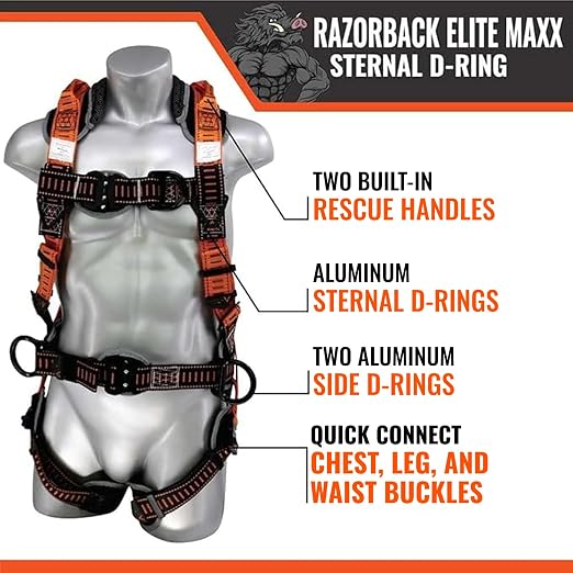 Razorback Elite MAXX - Safety Harness and Fall Protection Kit with Sewn in Lumbar Support Belt and Built-in Rescue Handles for Fall Arrest, OSHA & ANSI Compliant (Small-Medium)