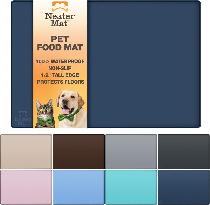 Neater Pet Brands Neater Mat Pet Mats for Food and Water, Cat & Dog Bowl Mat Waterproof Silicone, Feeding Tray, Dog Food Mats for Floors, Placemat w/Raised Edge for Under Bowls, 16” x 10”, Dark Blue