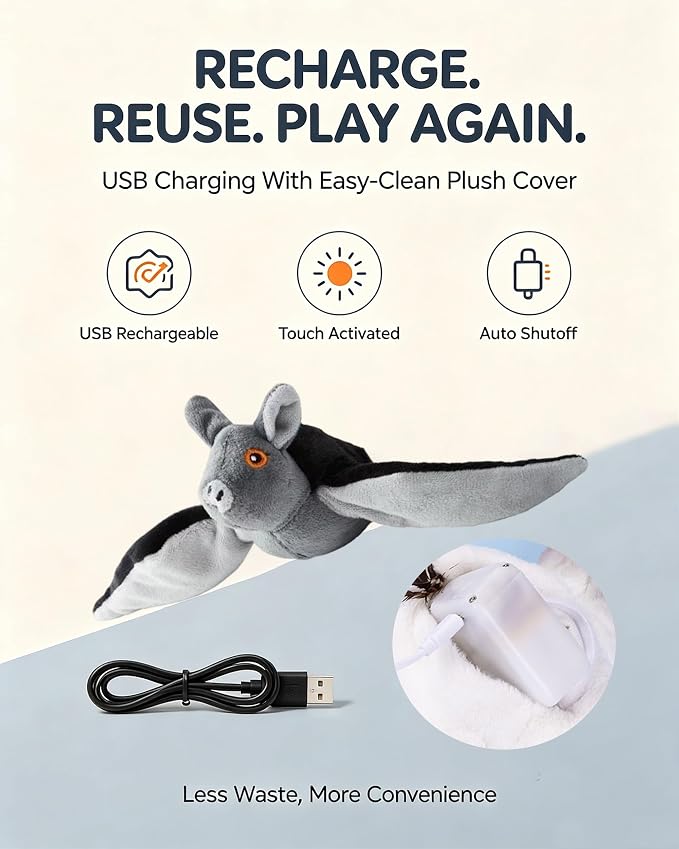 Flying Bat Dog Toy, Interactive Flying Bat Toy for Dogs with Flapping Wings, Chirping Sounds, USB Rechargeable, Touch Activated, Hanging or Floor Toy for Dogs, Puppies and Cats to Reduce Boredom，1PCS
