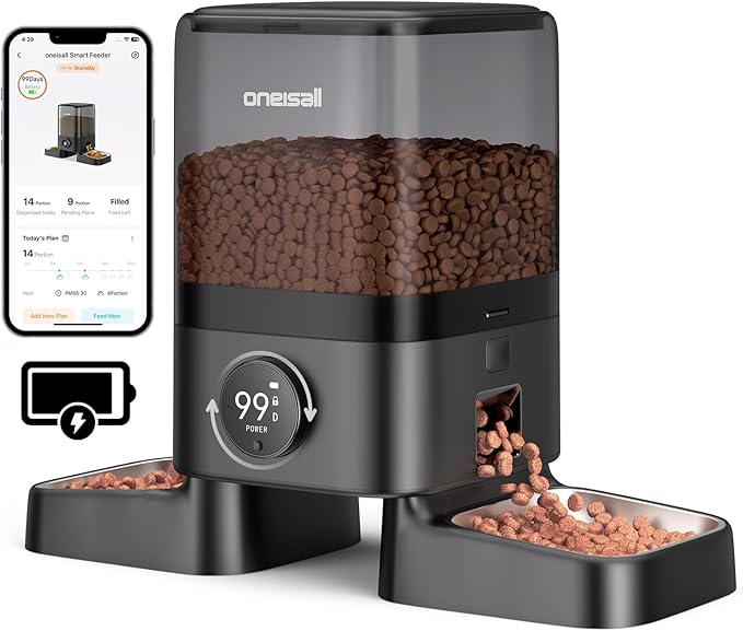 oneisall コードレスWiFi自動給餌器（2匹用）、充電式100日間稼働、20カップ/5L 大粒フード対応、スマートアプリ制御