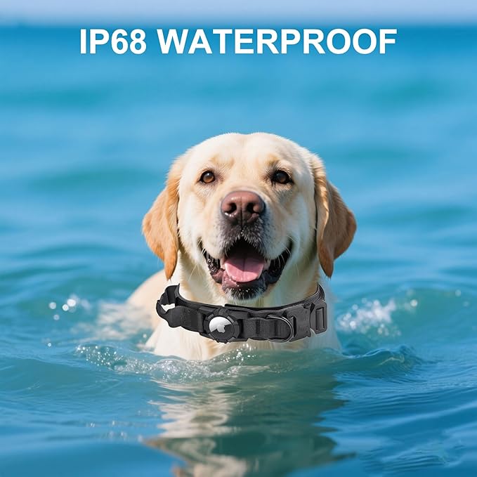 Upgraded Airtag Dog Collar Waterproof, Adjustable GPS Training Nylon Dog Collar with AirTag Holder, Control Handle and Quick-Release Buckle for Medium and Large Dogs (Black, L)
