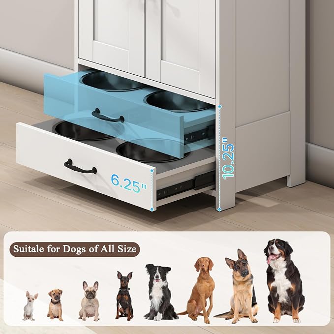 Rovibek Dog Feeding Station with Storage Cabinet - Elevated Dog Bowls with Storage Drawers, Pet Storage Cabinet with Leash Hooks, Pet Organizers for Food & Supplies