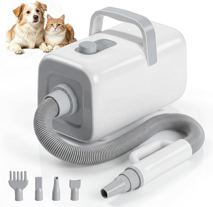 NEWBULIG Dog Hair Dryer with Heater for Grooming, High Velocity Speed | 1550W Dog Blow Dryer, Temperature Adjustable Dog Blower Grooming, White