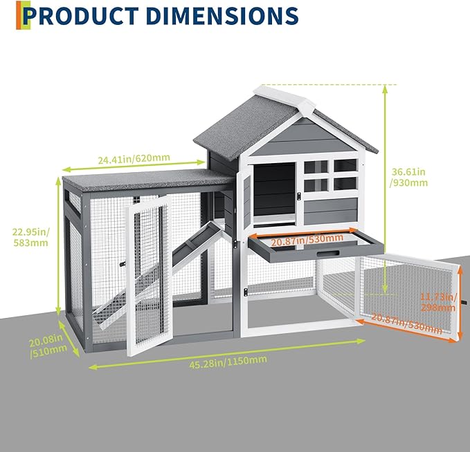 2-Story Rabbit Hutch, Small Wooden Chicken Coop, with Waterproof Roof, Pull Out Tray and Anti-Slip Ramp, Bunny Cage for Indoor Outdoor (45.28" L x 20.08" W x 36.61" H)