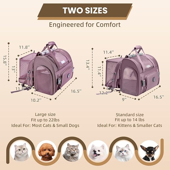 Expandable Cat Carrier Backpack for Large Cats - Airline Approved Pet Carrier Backpack for Small Dogs, Hiking & Travel, Waterproof with Breathable Mesh, 22lbs Capacity (Plum, Large)