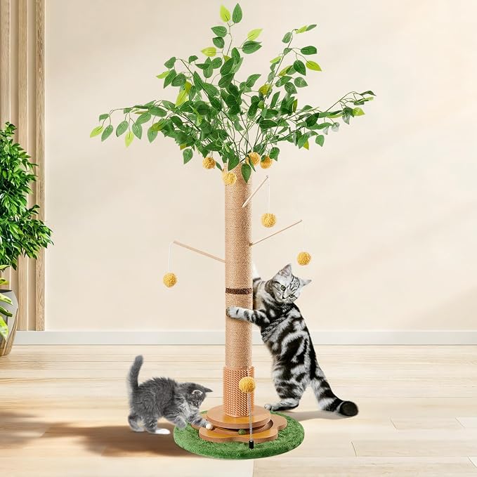 45" Tall Cat Scratching Post with Toy | Sisal Rope, Track Balls, Slef-Grooming Brush, Hanging Ball Toy
