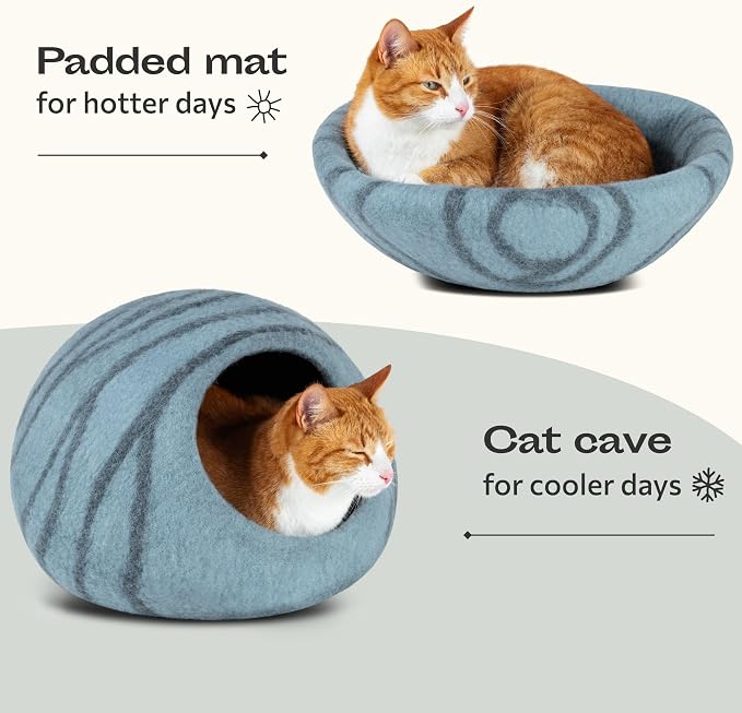 Cat Cave – Premium Felt Cat Bed Enclosure for Indoor Cats, Handmade Merino Wool (Aquamarine, Large)