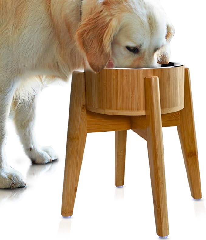 Elevated Dog Bowls for Large Breed - 15-Inch High - 74oz | Raised Dog Bowl Stand Made of Bamboo and Steel - Suitable for Water Dry Wet Foods