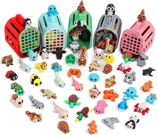 20 PCS 3D Printed Animals, Mini 3D Printed Animal Figurines with Cage, Flexible Articulated Fidget Toys for Desk Decor, Party Favors, Goodie Bag Stuffers, Classroom Rewards