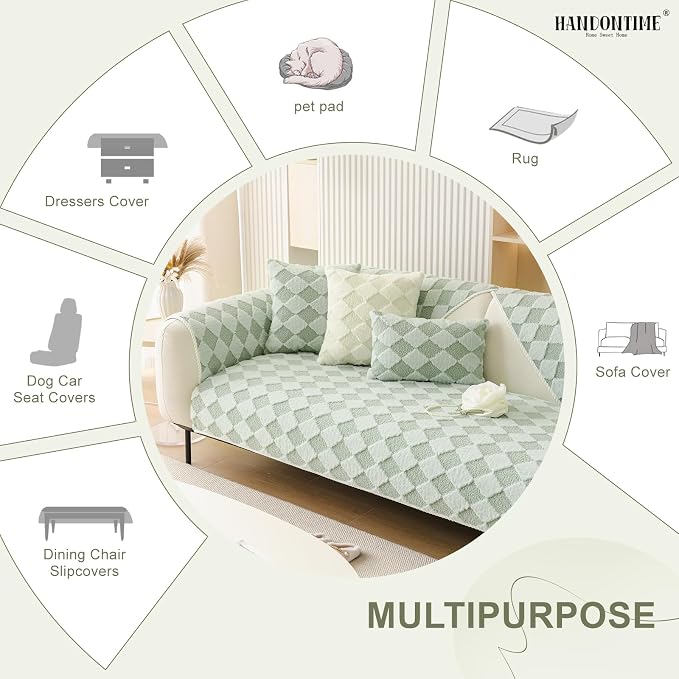 HANDONTIME Non-Slip Pet Couch Cover Washable, Plush Faux Fur Couch Protector for Cushion Pet-Friendly Sofa Covers for Dogs, Checkered Diamond Sectional Covers Dog Mat for Sofa (Green, 35.6" x 63")