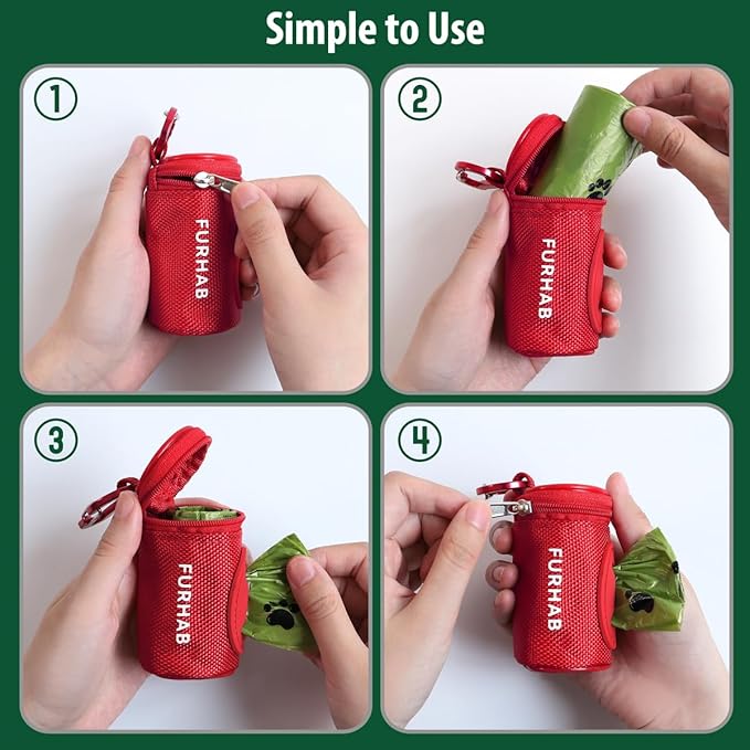 FURHAB Dog Poop Bag Holder for Leash Doggie Waste Bag Dispenser Soft Fabric Puppy Potty Carrier Small Doggy Zipper Pouch with Carabiner Clip 1680D Nylon Oxford with 1 Roll of Pet Trash Bags, Red