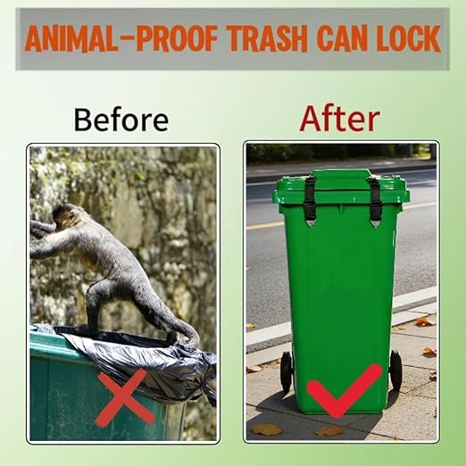 2 PCS Adjustable Dual-Claw Trash Can Lock Strap - Bear/Raccoon/Dog Proof, Anti-Rust Metal Buckle, One-Hand Release (Deep Black)