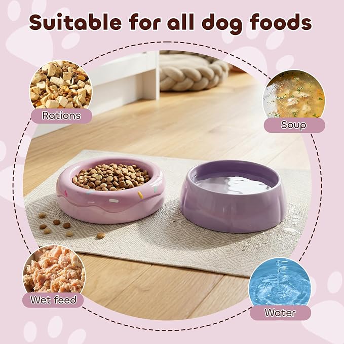 Donut Duo Ceramic Dog Bowl, Dog Water Bowl and Dog Food Bowl, Pet Bowls (Purple)