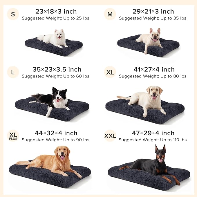 JOEJOY Large Dog Bed Crate Pad, Deluxe Plush Washable Dog Beds Fulffy Soft Kennel Pad Anti-Slip Pet Sleeping Mat for Extra Large Medium Small Dogs, 47" x 29", Dark Grey