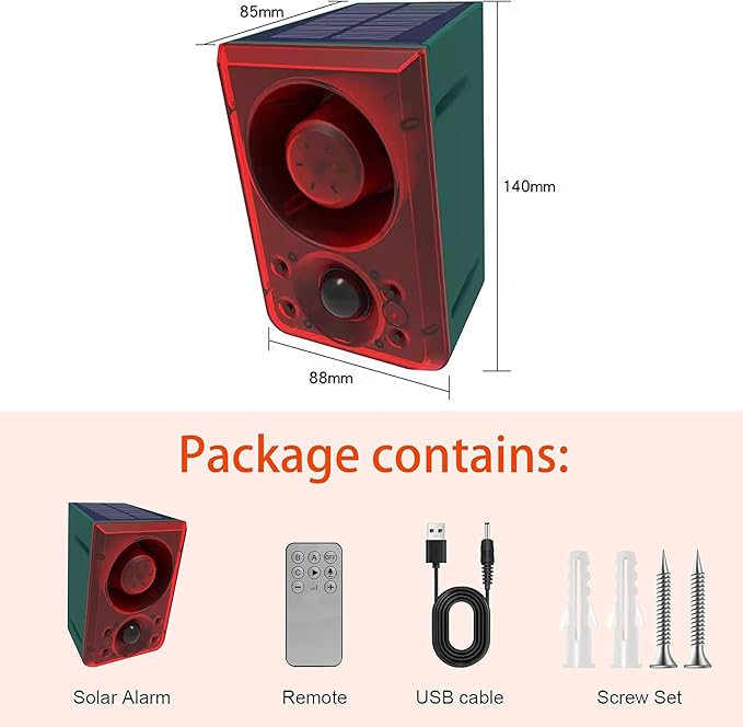 Solar Outdoor Motion Sensor Alarm - QXMH Dog Barking & Gunshot Sound, Support Recording&±Volume, 130db Motion Detector Alarm Light,with USB for Home,Villa,Farm,Barn,Say Goodbye to The Intruders