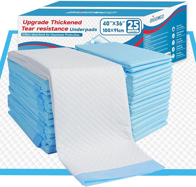 BIGGMED Tear-Resistant Incontinence Bed Pads 40'' x 36'' 130 Gram Heavy Duty (25 Count) Disposable Underpads Chucks Pads for Adults, Kids & Elderly | Protection Pads for Bed, Sofa, and Chair