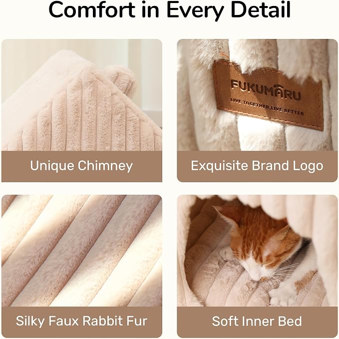 FUKUMARU Cat Bed Cave, Enclosed Washable Covered Dog Bed with Support Frame | Large Cat House for Indoor Cats, Cozy Cat Hideaway for Anxious Cats, Soft Plush Faux Fur Cat Tent Bed, Non-Slip Bottom