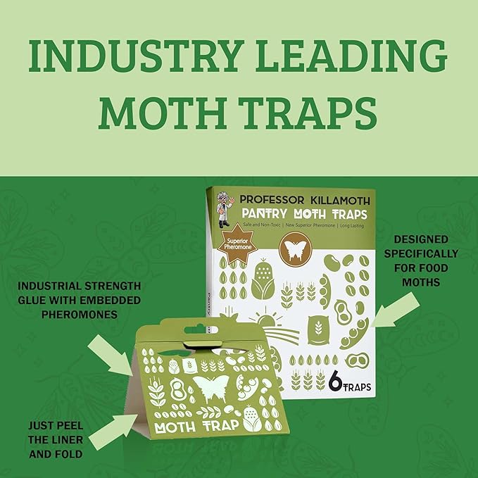 Professor Killamoth Superior Pantry Moth Traps 6-Pack with Pheromones Prime | No Insecticides | Safe, Non-Toxic and Child and Pet Friendly Pantry Protection | Superior Attractant