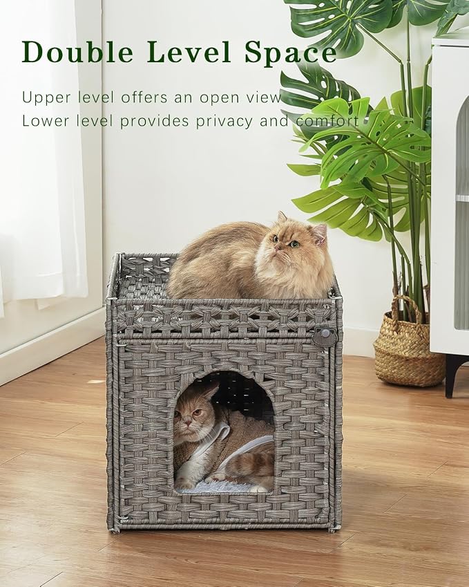 SETVSON Cat Houses for Indoor Cats Extra Large Double Cat Cave, Gray | Spacious Multi-Cat House, Furniture End Table Look, Soft Washable Cushion, Sturdy Metal Frame, 18.5x20.5x19.1 In Woven Cube