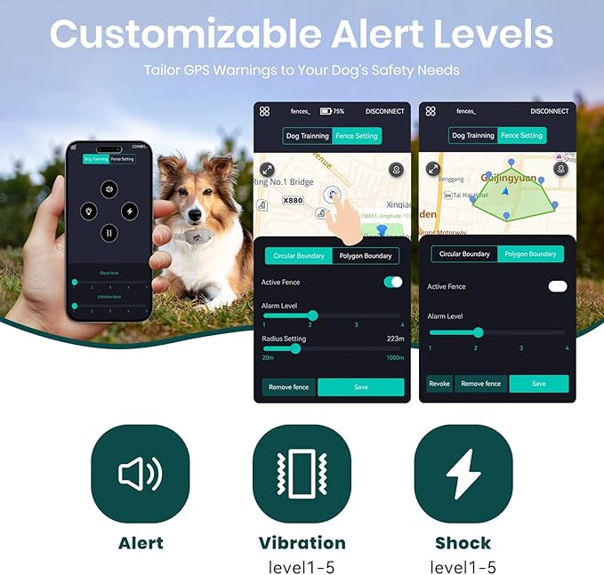GPS Wireless Dog Fence System with Free App & Training Collar, Waterproof Rechargeable, No Subscription | Invisible Electric Fence for Small Medium Large Dogs Portable Outdoor Large Yard Use