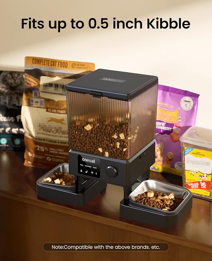 oneisall 5G WiFi Automatic Cat Feeder for 2 Cats, App Control, 20 Cups/5L | Timed Meals, Feed Now, Feeding Logs, Slow Feed, Precise Portions, 10s Voice Recorder, Family Sharing, Stainless Steel Bowls