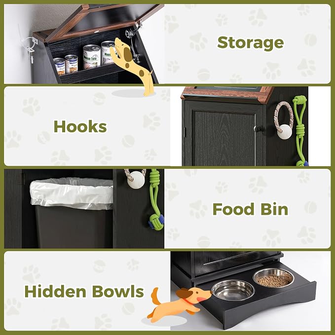 Black 38.4" H Dog Feeding Station with Storage | Pet Food Storage Cabinet with 2 Elevated Bowls,Hooks,Hidden Dog Feeding Organizer for Cats and Dogs