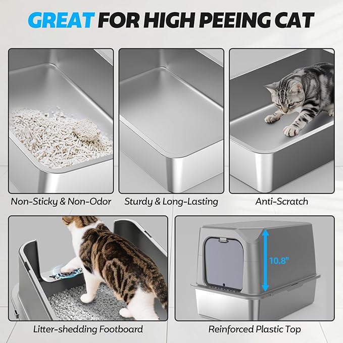 WoofiGo Enclosed Stainless Steel Cat Litter Box with Lid, XL Extra Large Litter Box for Big Cats, Metal Litter Pan High Sided, Never Absorbs Odors, Anti-Urine Leakage, Include Scoop (Light Grey)