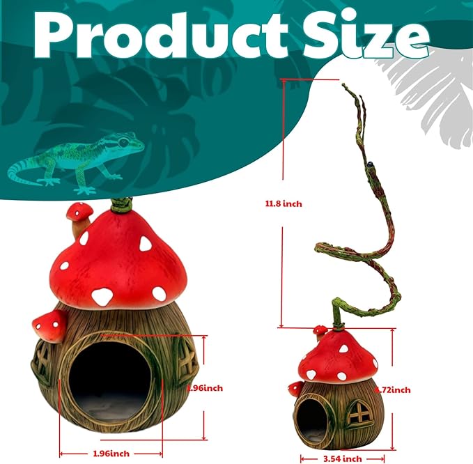 Jumping Spider Hide with Bendable Vine – Mushroom Cave for Tarantula, Gecko & Tree Frog – Reptile Terrarium Decor for Spider Enclosure & Reptile Tank (4"x4"x12")