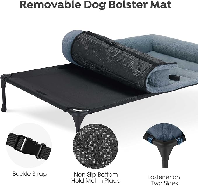 Veehoo Orthopedic Elevated Dog Bed with Fluffy Plush Bolster Cushion, Indoor Raised Dog Beds for Large Dogs, Soft Pet Sofa Cot with Removable Washable Mat, No-Slip Feet, 42 x 30 inches, Haze Blue
