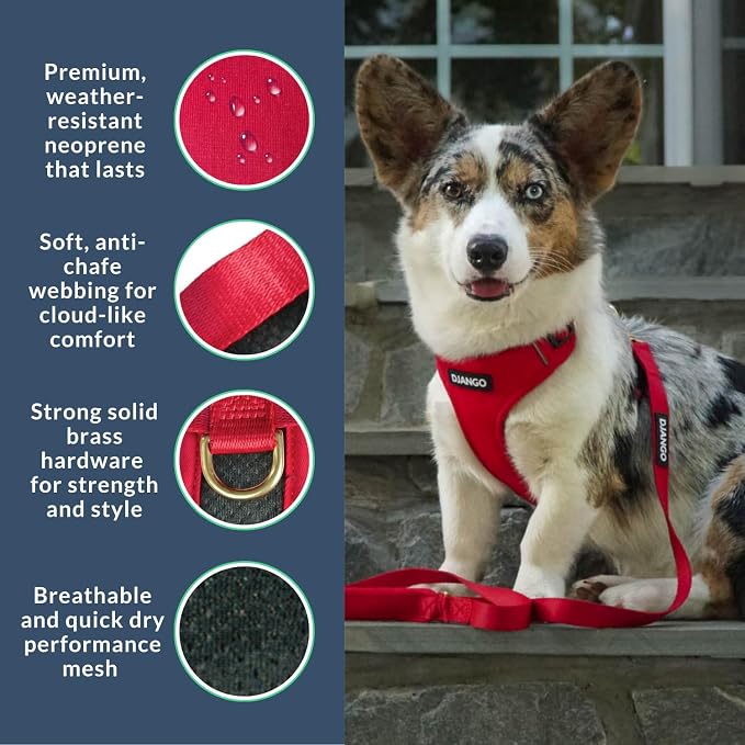 Adventure Dog Harness - Stylish and Durable Large Dog Harness for Outdoor Adventures and Everyday Wear - Red Neoprene Adjustable Harness for Dogs with Reflective Piping, Solid Brass D-Ring