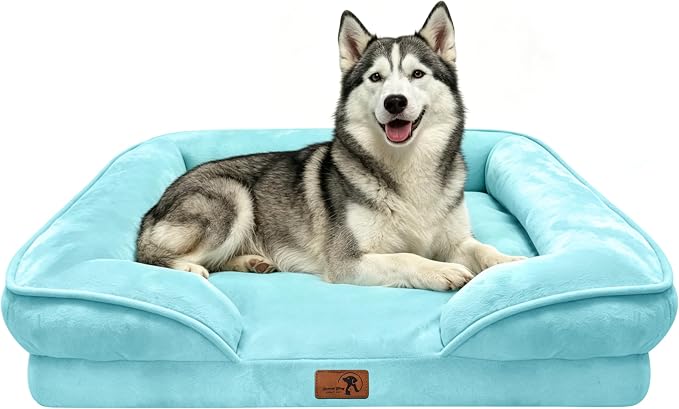Spotted Play Orthopedic Dog Bed with Sides - Sofa Beds for Large Dogs, Supportive Foam Pet Couch Bed with Washable Removable Cover, Waterproof Lining and Non-Slip Bottom, Ice Blue - L-Plus