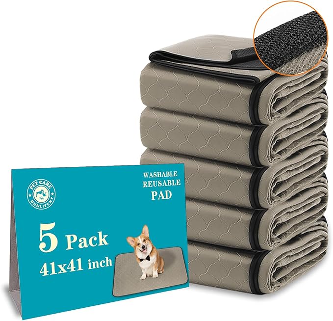 Bunlitent Washable Pee Pads for Dogs 41" x 41", 5 Pack, Reusable Puppy Pads | Reusable, Quick Dry, Large Anti-Slip, Waterproof, Whelping Pad for Pet, Playpen, Incontinence, Housebreaking, Large, Brown