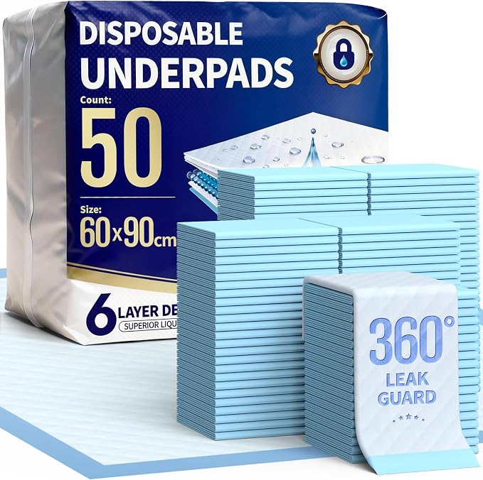 Powools Ultra Thick Bed Pads, 36 x 30 in, 6-Layer, Leak-Proof, 50-Pack | Disposable Adult & Pee Pads for Dogs, Super Absorbent, Quick-Dry, Skin-Friendly, Disposable Changing Pads for Baby