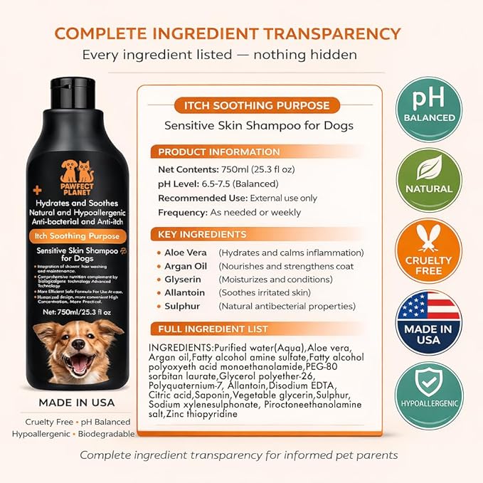 Dog Shampoo for Itchy Skin Relief - Natural Anti Itch Formula with Aloe Vera & Tea Tree Oil 750ml - Hypoallergenic Shampoo for Dogs Allergies Hot Spots Sensitive Skin - pH Balanced Pet Wash All Breeds
