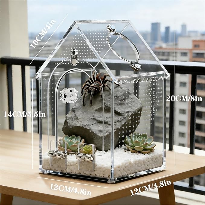 Jumping Spider Enclosure Kit，Pre-Assembled 8 * 5 * 5in Acrylic Tarantula Terrarium，Reptile Ventilated Habitat Accessories for Spider, Mantis, Snail, Frog, Hermit Crabs & Small Pets