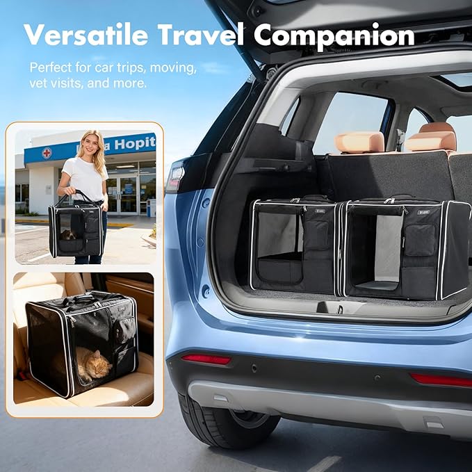 Lekereise Large Cat Carrier Soft Sided, 28" x 13" x 13", Large cat Travel Carrier for 2 Cats with Zipper Locks for Moving Across The Country(No Hammock), Foldable for Storage, Black