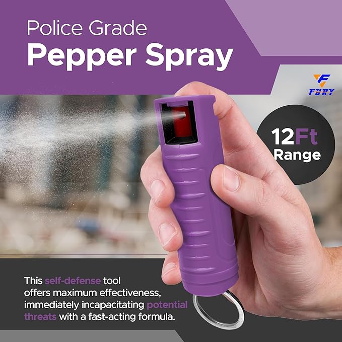 FURY Hardshell Pepper Spray - 12Ft Range, Max Strength, UV Dye Identifier, Anti-Leak & Anti-Misfire, Slidetop Trigger, Belt Clip & Key Ring, Multiple Color Options, Self-Defense Spray