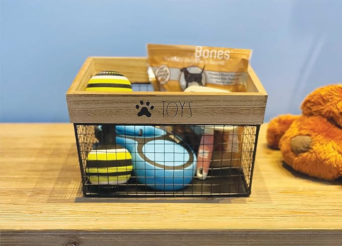 Rae Dunn Pet Toy Basket - Metal and Wood Dog Storage Cat Bin Organizer for Puppy Leash, Blanket, Treats, Food, Accessories Container Baskets Dogs,9.75" x 8" 6"