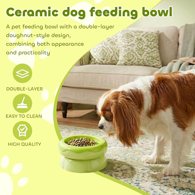 Donut Duo Ceramic Dog Bowl, Dog Water Bowl and Dog Food Bowl, Pet Bowls (Green)