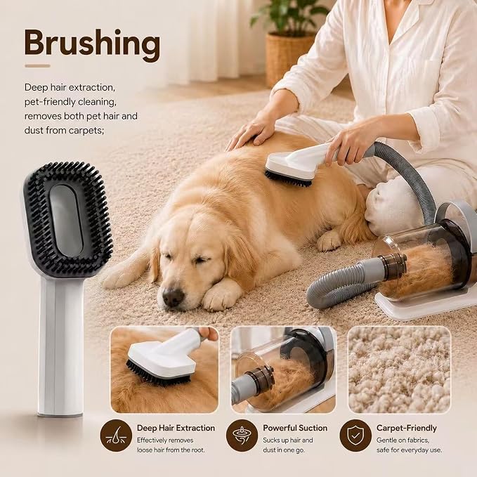 Pet Grooming Kit with Vacuum, 12000Pa Suction, Hair Clipper, 7 Tools | 12000Pa Strong Suction | 7-in-1 Grooming Tools | Hair Clipper & Deshedding Brush | Low Noise 50dB | 1.5L Large Capacity