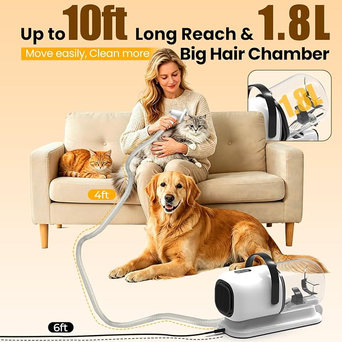 Dog Grooming Kit with Vacuum, 12000Pa Pet Electric Clipper & Cleaning Brush | PG01 All-in-One Pet Grooming Kit, Low-Noise Dog Vacuum for Shedding Grooming, Pet Hair Remover Vacuum