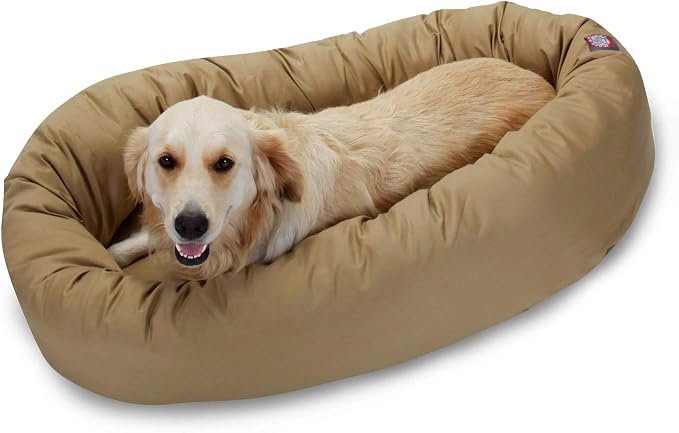 Majestic Pet Bagel Calming Dog Bed, 40 Inch Large, Round, Washable, Khaki | Cozy Soft Fluffy Donut Pet Bed with Spine Support for Head Rest – Anti-Anxiety Comfort for Puppies & Dogs, 40x29x9 Inches