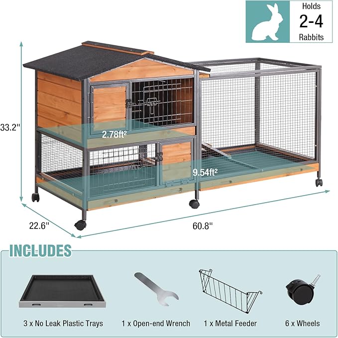 Suumerpety 2-Story Rabbit Cage with Chew-Proof Metal Frame for Indoor/Outdoor - 62" Bunny Hutch Guinea Pig Cages with 6 Locking Wheels & 2 Removable Trays for Rabbits/Guinea Pigs