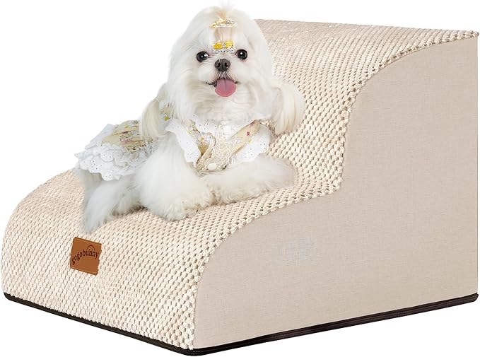 GoGoBunny Ramp Dog Stairs for Couch Sofa and Chair 11.8" H, 2-Step Pet Steps for Small Dogs and Cats, Non-Slip Waterproof Fabric Cover, Stable and Balanced Indoor Step, Pets Friendly, Beige