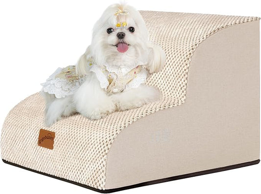GoGoBunny Ramp Dog Stairs for Couch Sofa and Chair 11.8" H, 2-Step Pet Steps for Small Dogs and Cats, Non-Slip Waterproof Fabric Cover, Stable and Balanced Indoor Step, Pets Friendly, Beige