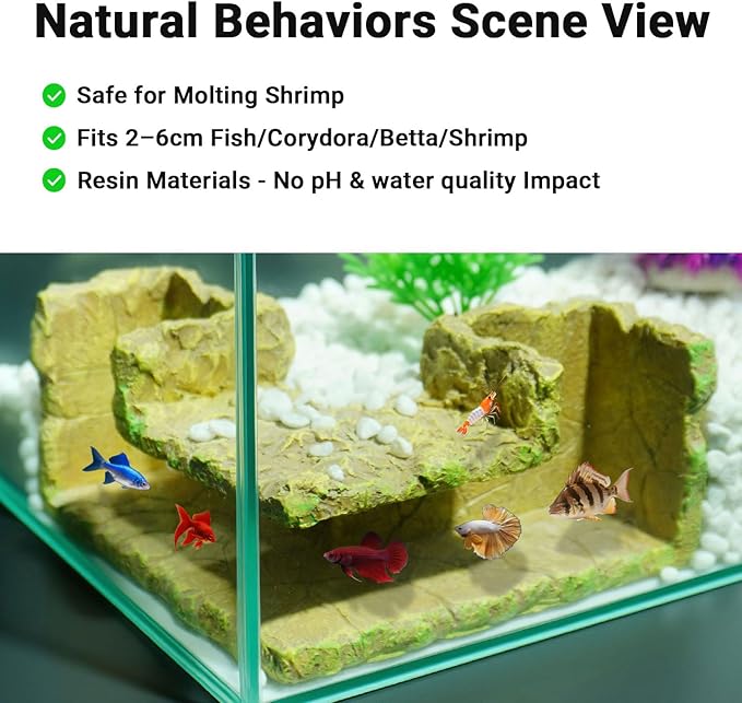 90° Corner Fish Cave Viewing Tunnels | Realistic Rock Formation Hideout for Shrimp, Plecos, Cichlids | BPA-Free Premium Resin, Safe for Aquarium (5.3”x5.3”x2.8”)